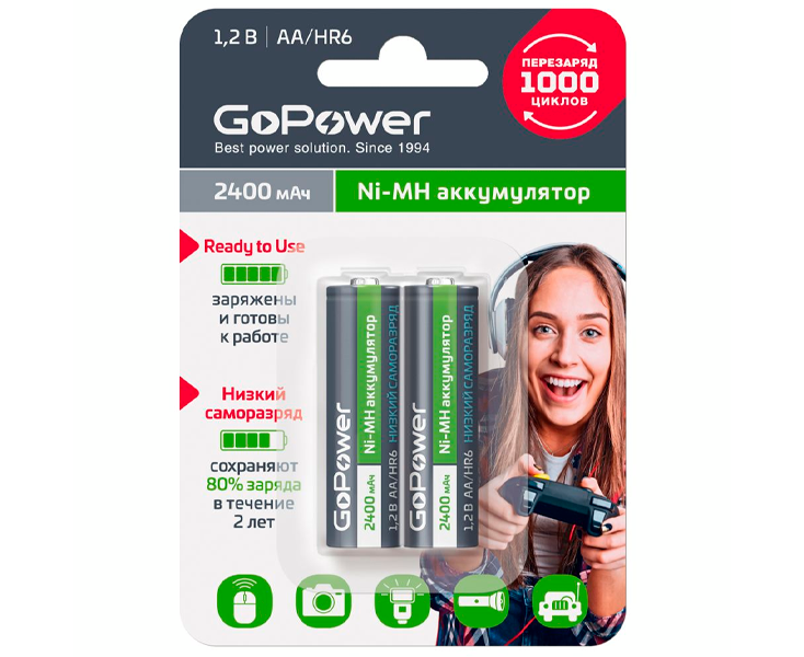 Аккумулятор предзаряженный RTU Go Power HR6 AA BL2 NI-MH 2400m Ah (2/20/240)