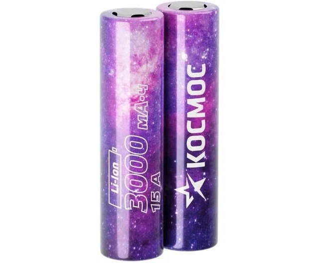 Аккумулятор Космос 18650 Li-ion 3000m Ah KOC18650 Li30 UL20 CS2 без защиты, 2шт шринк высокотоковый, низкая шляпка