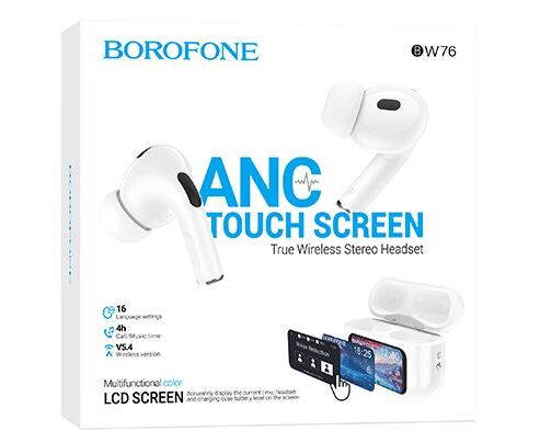 Блютуз гарнитура TWS Borofone BW76/ ANC/ сенсорный экран/ Белый