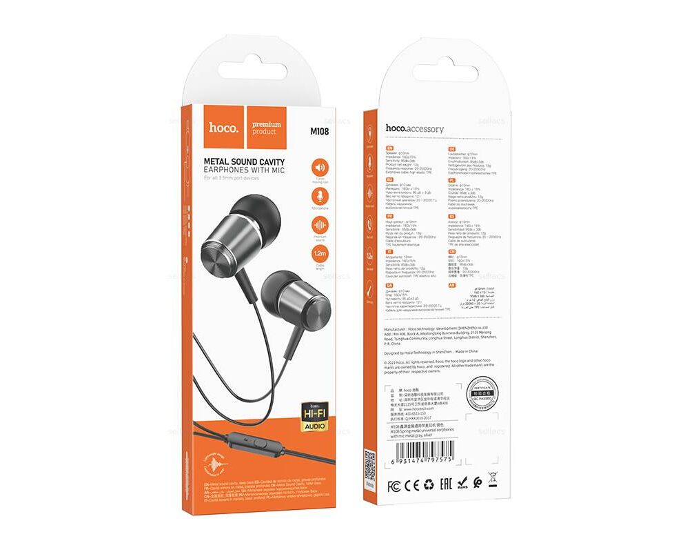 Наушники HOCO M108 Spring metal universal с микрофоном (серый)
