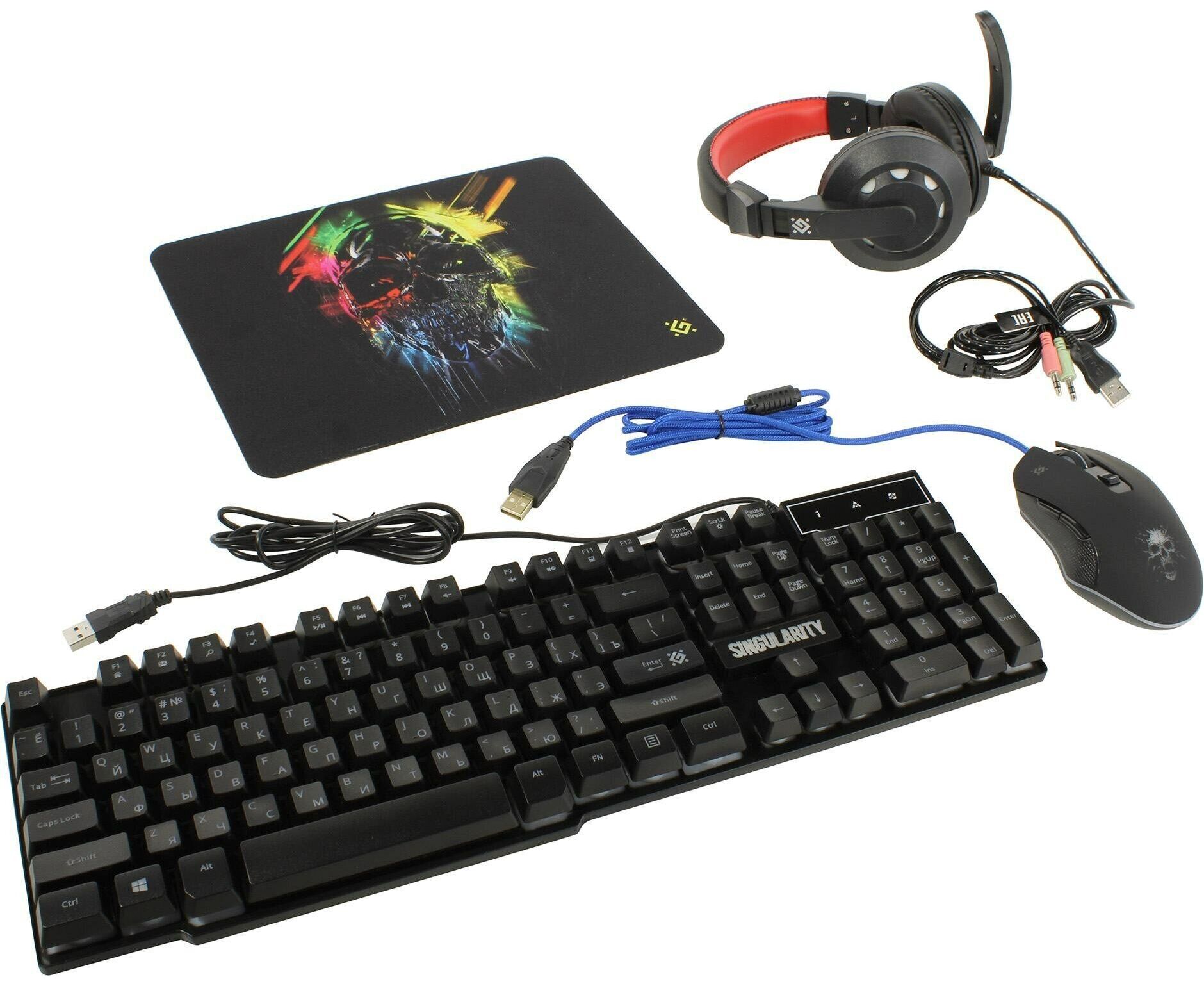 Комплект проводной игровой Клавиатура + Мышь + Коврик + Гарнитура DEFENDER Singularity MKP-118, черная (1/10)