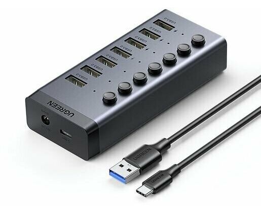 Хаб UGREEN CM481 (90307) USB-C to 7-Port USB-A 3.0 Hub DC 12 V EU черный