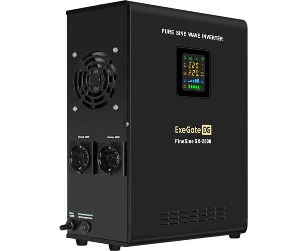 ИБП Exegate EX296002 RUS Fine Sine SX-2500.LCD.AVR.2 SH инвертор, синус, для котла настенный 2500 VA/1800 W, чистая синусоида, цветной LCD-дисплей