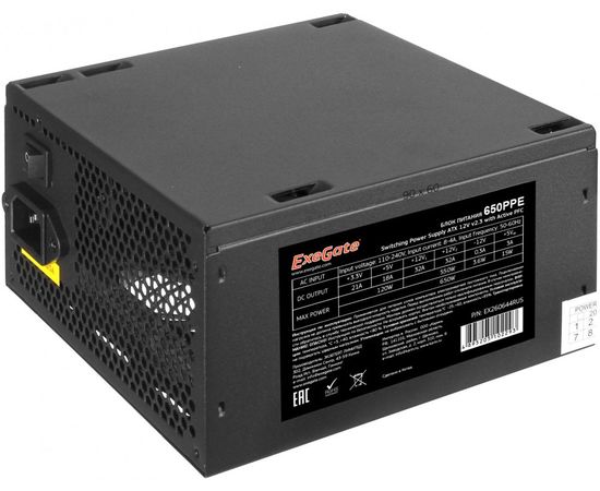 Блок питания Exe Gate 650 W 650 PPE (ATX, APFC, PC, 12cm fan, 24pin, (4+4)pin, PC Ie, 5x SATA, 3x IDE, FDD, black, кабель 220 V в комплекте)