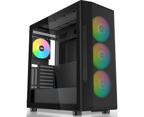 Корпус SAMA S40 Black (S40-BKAPA4 X1-GL) без БП, Midi-Tower, TG, 4x120mm ARGB, 2x USB 3.0 + 1x USB 3.1 Type-C, ATX, m ITX