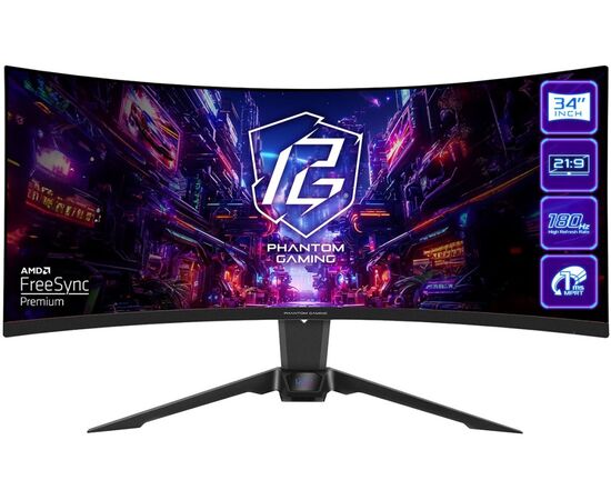 Монитор AS Rock Phantom Gaming PG34 QRT2 B Black (34" VA, 3440x1440, 2x HDMI+2x DP, 1 ms, 178град./178град., 500 cd/m, 3000:1, 180 Hz, HDR400, MM, Curved 1500 R, Hei